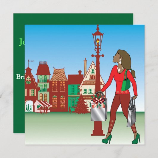女性のクリスマスショッピングとバッグの服を着たファッション 招待状 (正面/裏面)
