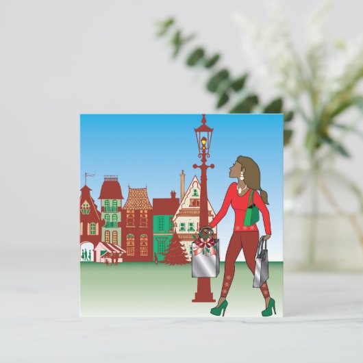 女性のクリスマスショッピングとバッグの服を着たファッション 招待状 (スタンド正面)