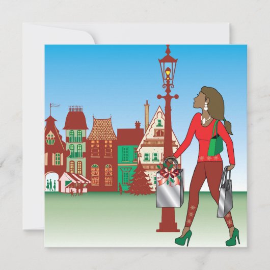 女性のクリスマスショッピングとバッグの服を着たファッション 招待状 (正面)