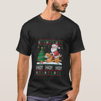 女性のクリスマスツリー点灯サンタのマルチーズ+プードル乗馬ド Tシャツ