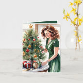 女性のクリスマス飾の水色 カード (黄色い花)