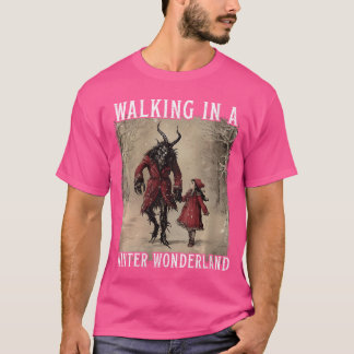 女性のクリスマス ウィンター・ワンダーランドを歩くクランプス Tシャツ