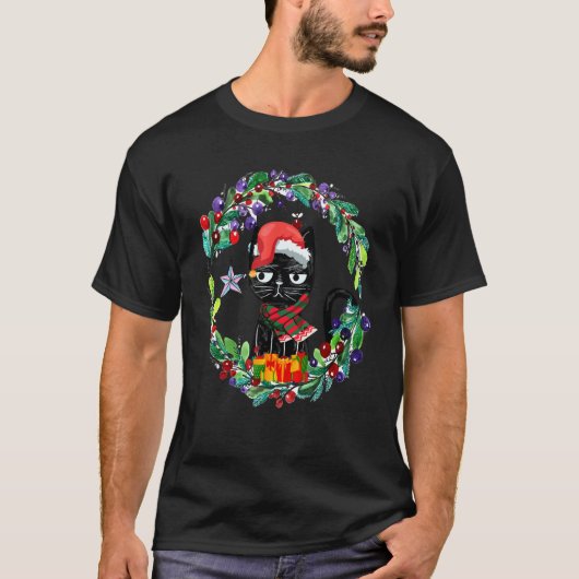 女性のクリスマス 黒猫 フローラル クリスマスツリー 1 Tシャツ (正面)