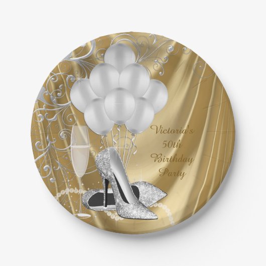 女性のゴールドシルバーシューズ誕生日パーティー紙皿 ペーパープレート (正面)