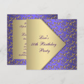 女性のゴールドパープル50歳の誕生日パーティー 招待状 (正面/裏面)