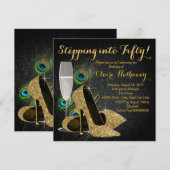 女性のゴールドピーコック誕生日パーティー 招待状 (正面/裏面)