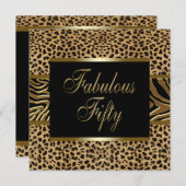 女性のゴールドレオパードゼブラ 50歳の誕生日パーティー 招待状 (正面/裏面)