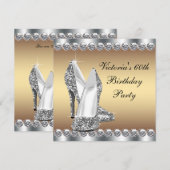 女性のゴールド誕生日パーティー 招待状 (正面/裏面)