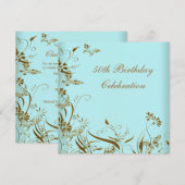 女性のゴールド ティール バタフライ エレガント 50歳の誕生日 招待状 (正面/裏面)