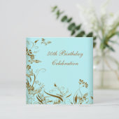 女性のゴールド ティール バタフライ エレガント 50歳の誕生日 招待状 (スタンド正面)