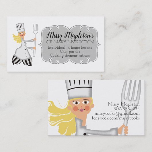 女性のシェフの金髪のフォークのケイタリングビジネスカード 名刺 (正面/裏面)