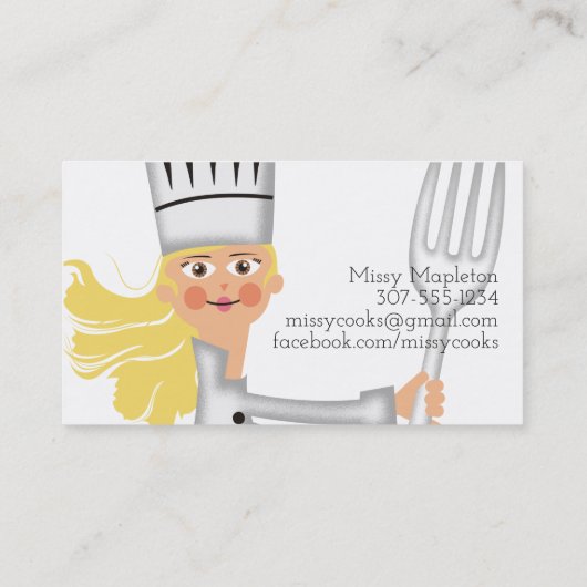 女性のシェフの金髪のフォークのケイタリングビジネスカード 名刺 (裏面)