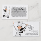 女性のシェフの黒髪のフォークのケイタリングビジネスカード 名刺 (正面/裏面)