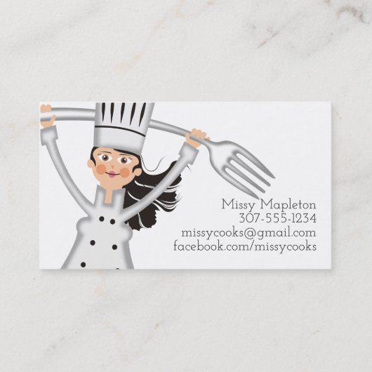 女性のシェフの黒髪のフォークのケイタリングビジネスカード 名刺 (裏面)