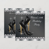 女性のシックなブラックバースデーパーティー 招待状 (正面/裏面)