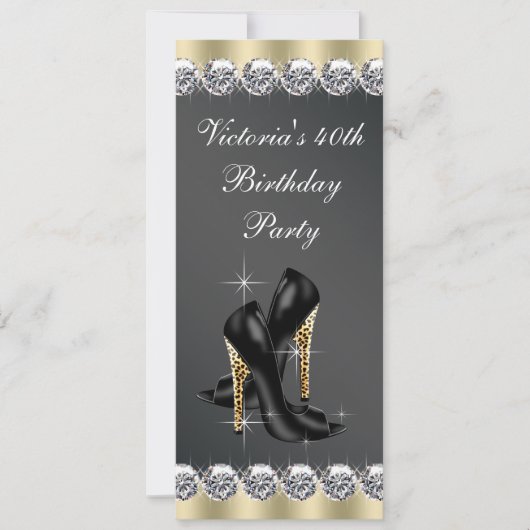 女性のシックな黒の40歳の誕生日パーティー 招待状 (正面)