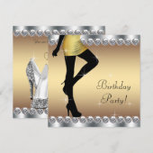 女性のシルバーとゴールドの誕生日パーティー 招待状 (正面/裏面)
