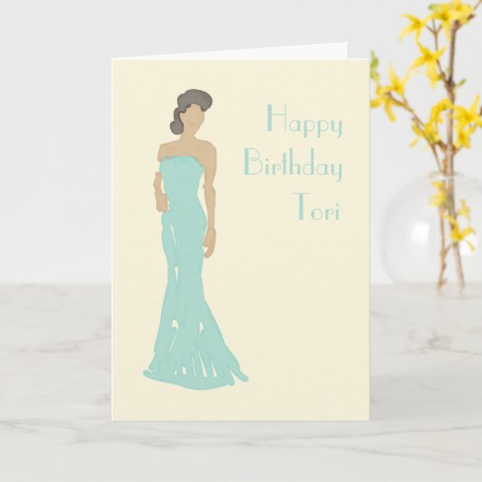 女性のストレップレスドレスの誕生日のグリーティングカード カード (黄色い花)