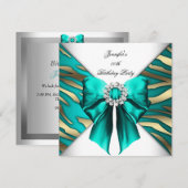 女性のゼブラ ティール シルバー 誕生日パーティー 招待状 (正面/裏面)
