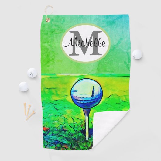 女性のタオルを離れたカラフルなモノグラムの名前のティー ゴルフタオル (インサイチュ)