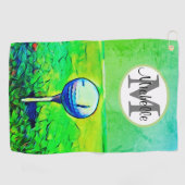 女性のタオルを離れたカラフルなモノグラムの名前のティー ゴルフタオル (横)