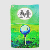 女性のタオルを離れたカラフルなモノグラムの名前のティー ゴルフタオル (正面)