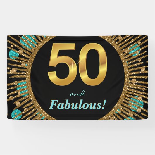 女性のターコイズゴールド50歳の誕生日バナー 横断幕 (横)