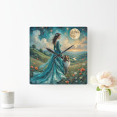 女性のターコイズドレスとセーブルラフ色 スクエア壁時計 (ホーム)