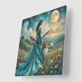 女性のターコイズドレスとセーブルラフ色 スクエア壁時計 (傾斜)