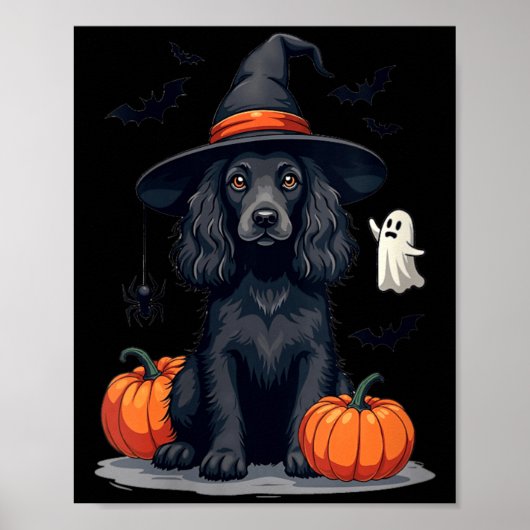 女性のハロウィンテーマのスパニエル犬 ブラック ポスター (正面)