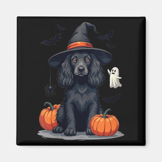 女性のハロウィンテーマのスパニエル犬 ブラック マグネット (正面)
