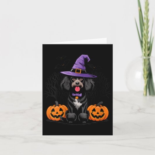 女性のハロウィン魔女ブラックスタンダードプードル犬 カード (正面)