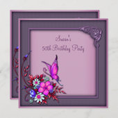 女性のバタフライ 50歳の誕生日パーティー 招待状 (正面/裏面)