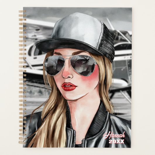 女性のパイロット&サングラスセスナ飛行機のクリスマス プランナー手帳 (正面)