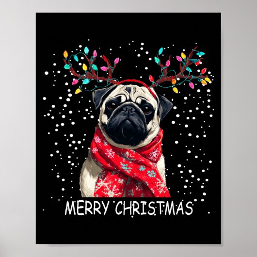 女性のパグ犬のクリスマスのサンタ帽子Fクリスマスロングスリーブ ポスター (正面)