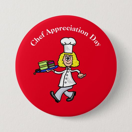 女性のパティシシェフまたはベーカー感謝ボタン 缶バッジ (正面)