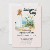 女性のビーチと花をテーマにした定年パーティー 招待状 (正面)
