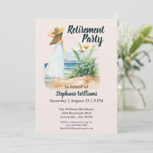 女性のビーチと花をテーマにした定年パーティー 招待状 (スタンド正面)