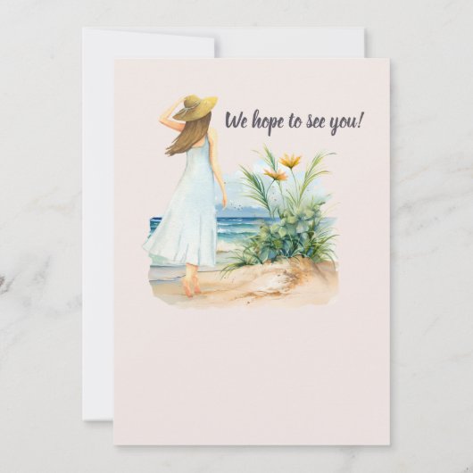 女性のビーチと花をテーマにした定年パーティー 招待状 (裏面)