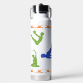 女性のピラティスのシルエット – 青、緑、オレンジ ウォーターボトル (正面)