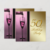 女性のピンクとゴールドの50歳の誕生日パーティー 招待状 (正面/裏面)