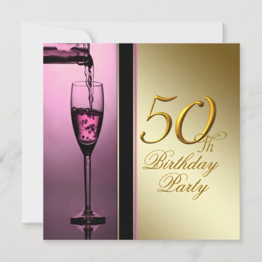 女性のピンクとゴールドの50歳の誕生日パーティー 招待状 (正面)