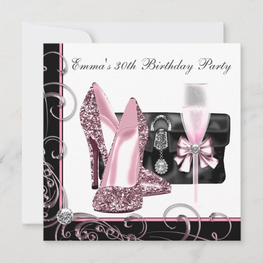 女性のピンクと黒の誕生日パーティー 招待状 (正面)