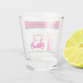 女性のピンクのゴルフカートのクラブゴルファー名 ショットグラス (裏面)