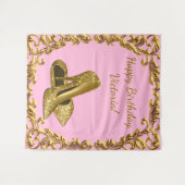 女性のピンクゴールドハイヒール誕生日バックドロップ タペストリー (正面(横))