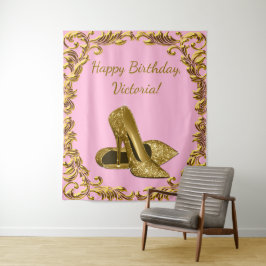 女性のピンクゴールド ハイ ヒール 誕生日 バックドロップ タペストリー