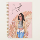 女性のファッショニスタピンクの金ゴールドガーリー羽 プランナー手帳 (正面)