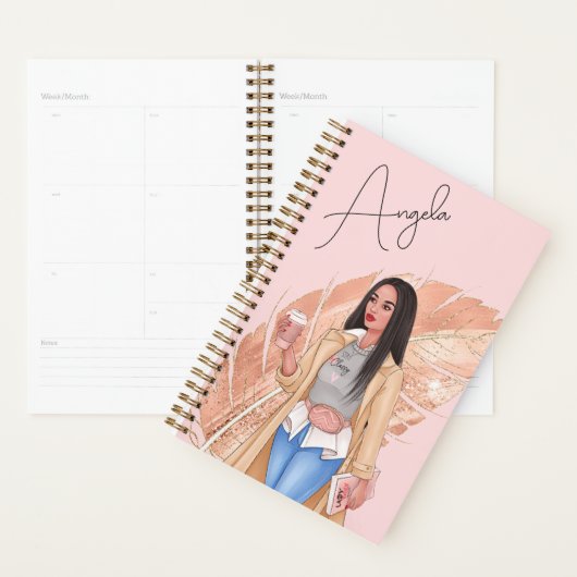 女性のファッショニスタピンクの金ゴールドガーリー羽 プランナー手帳 (ディスプレー)