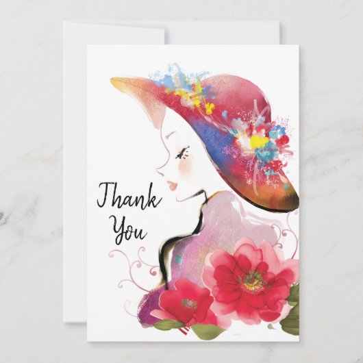 女性のフローラハットウォーター色 サンキューカード (正面)