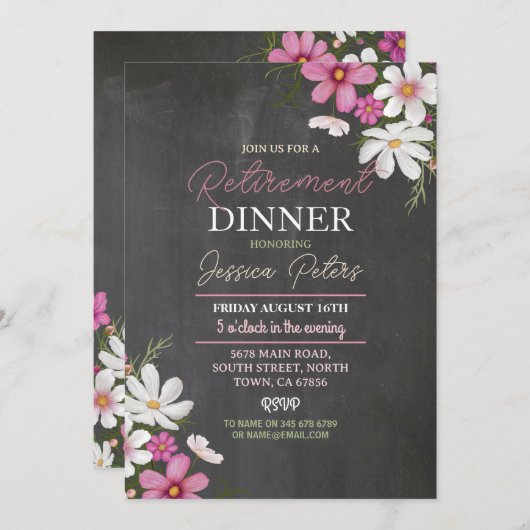 女性のフローラ退職夕食パーティーピンク 招待状 (正面/裏面)